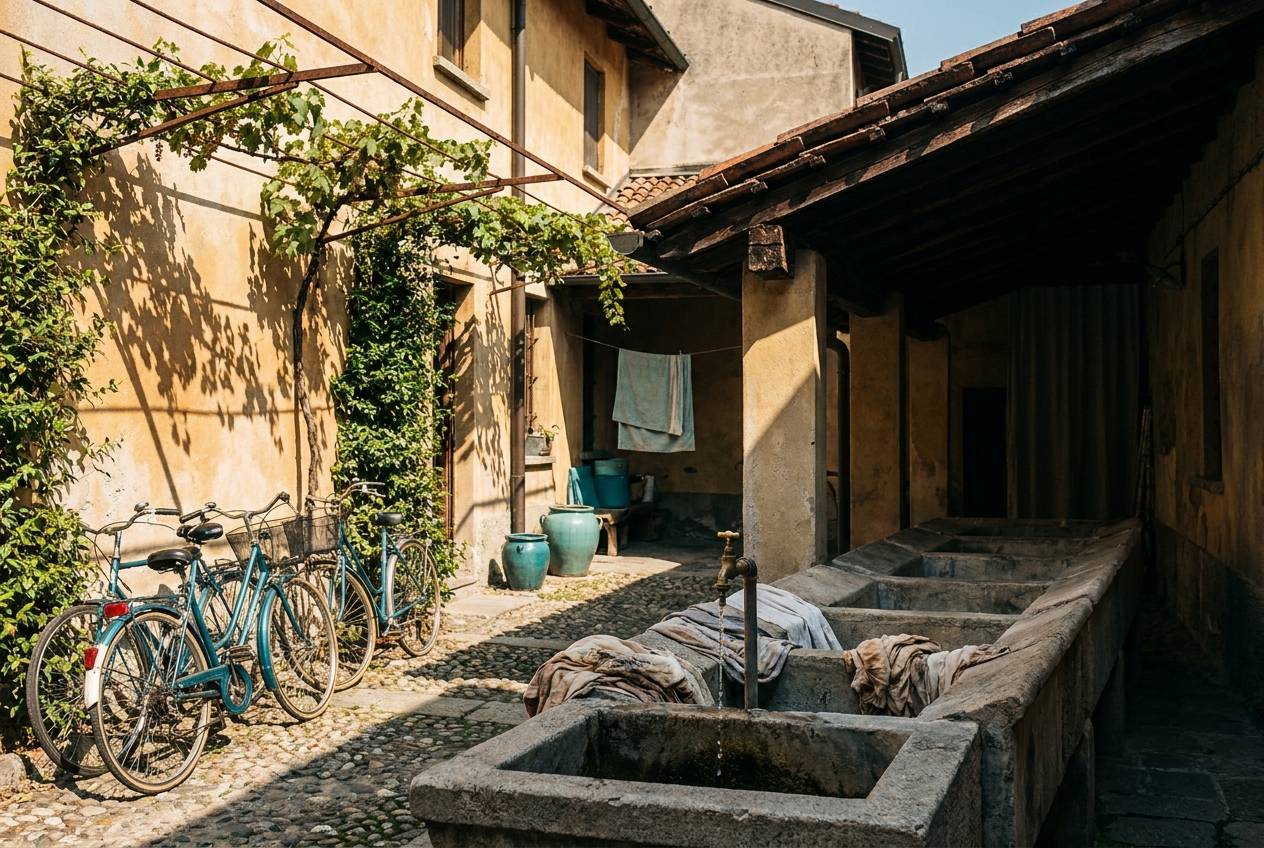 Immagine illustrativa: lavatoi comuni in pietra in un cortile del borgo di Baggio in un pomeriggio d'estate.