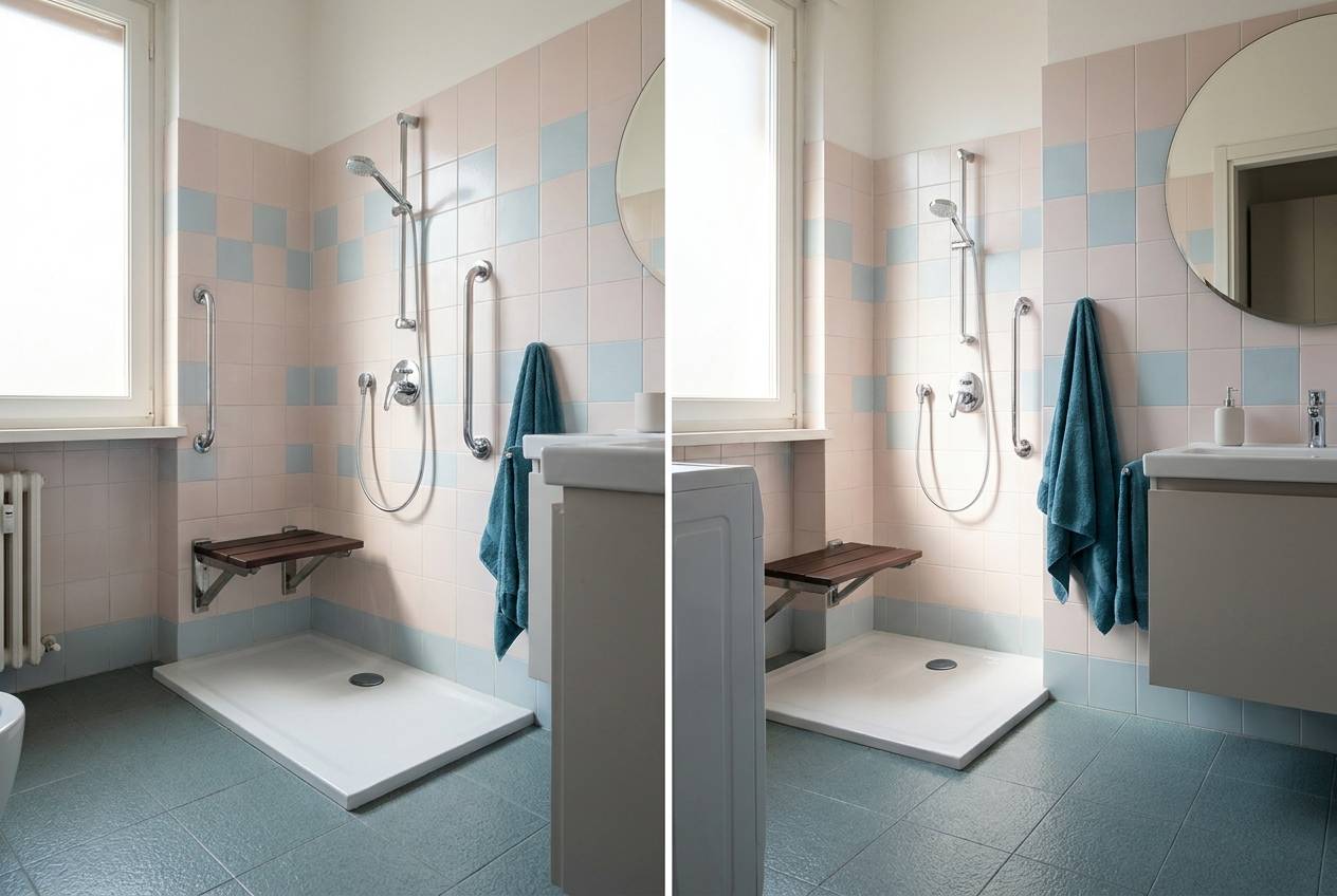 Immagine illustrativa: bagno anni '60 con doccia accessibile, seduta e maniglioni al posto della vasca, come a Baggio.