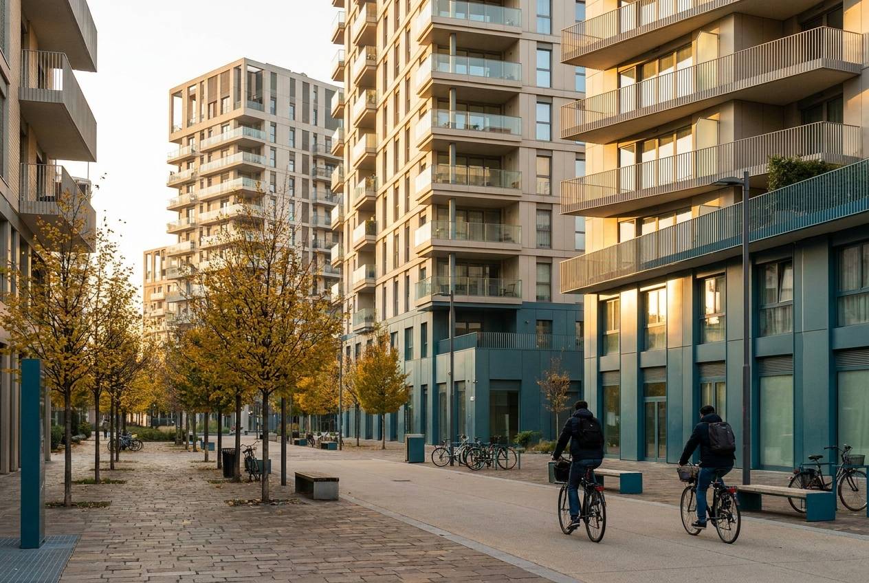 Immagine illustrativa: torri residenziali moderne della Bicocca attorno a una piazza pedonale alberata nella luce d'autunno.