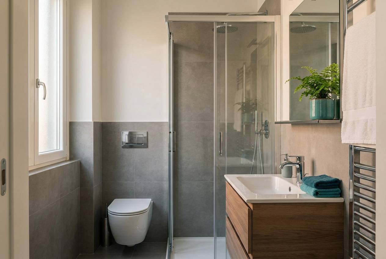 Immagine illustrativa: bagno moderno con sanitari sospesi e cassetta a incasso, tipico degli appartamenti della Bicocca.