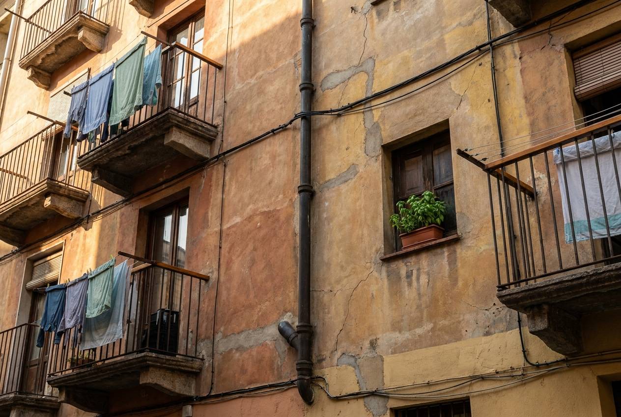 Immagine illustrativa: dettaglio di facciata di casa di ringhiera alla Bovisa con pluviale in ghisa e intonaci rattoppati.