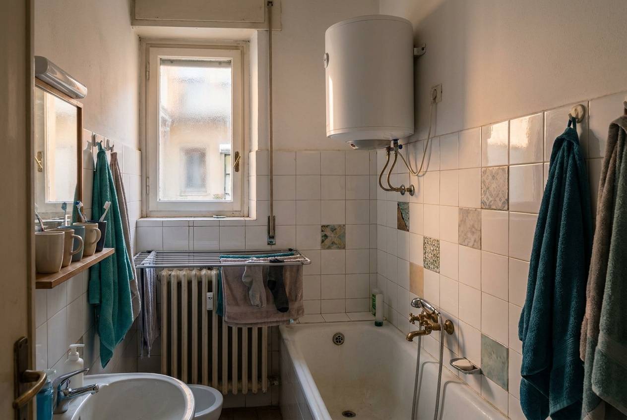 Immagine illustrativa: piccolo bagno con scaldabagno elettrico sopra la vasca, tipico degli appartamenti della Bovisa.