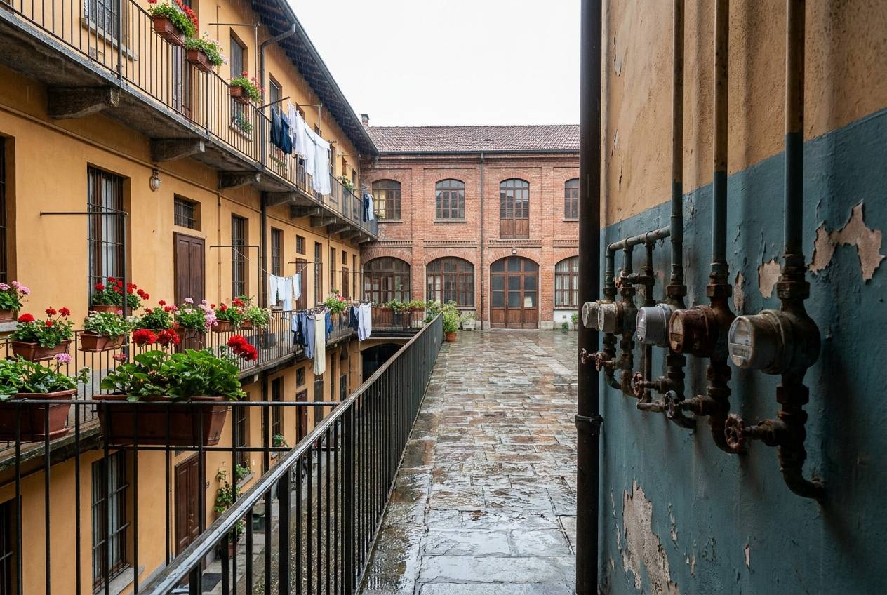 Immagine illustrativa: cortile di casa di ringhiera con ballatoi e contatori dell'acqua a muro, come in zona Certosa.