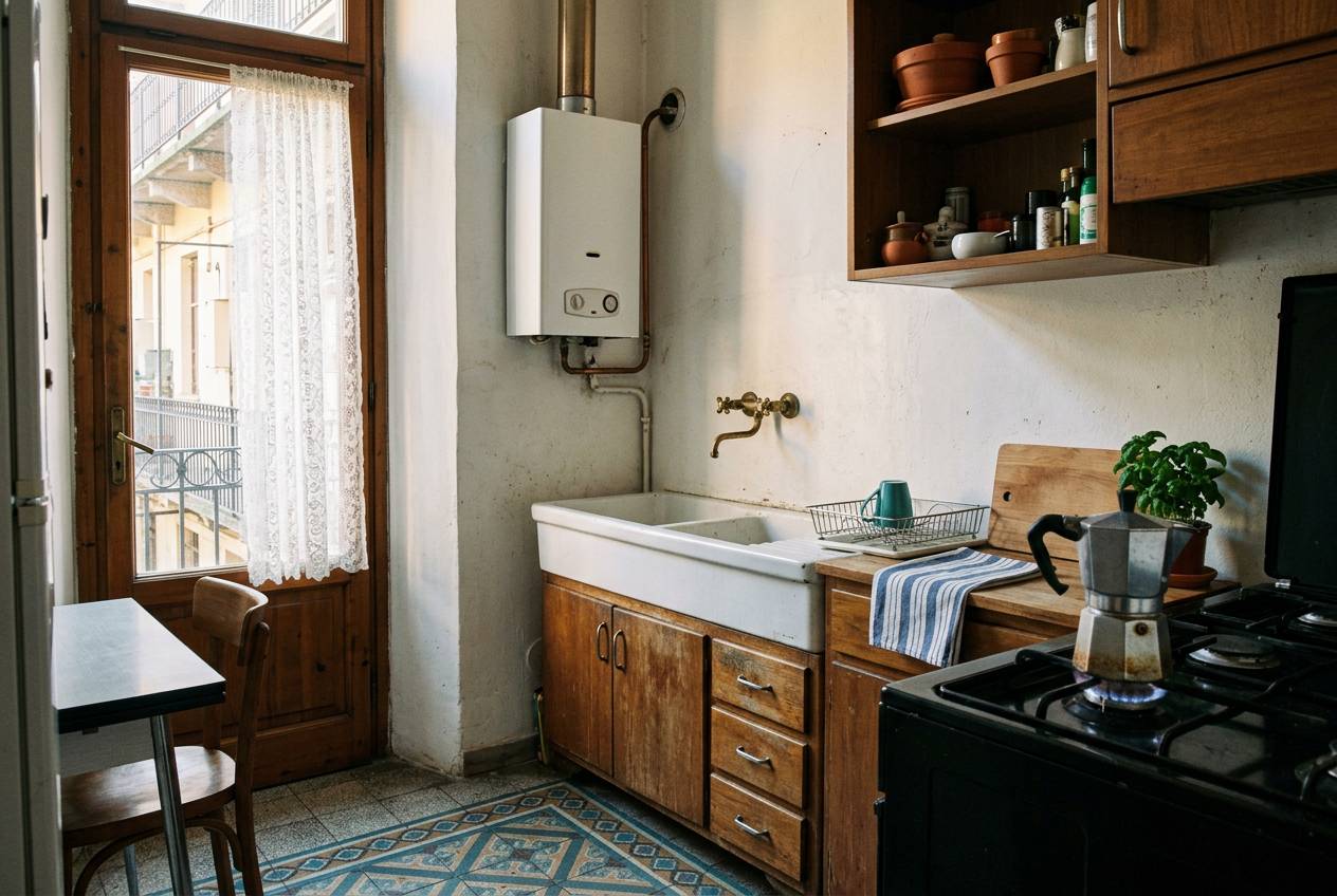 Immagine illustrativa: cucina di ringhiera con scaldabagno a parete sopra il lavello, tipica delle case di zona Certosa.