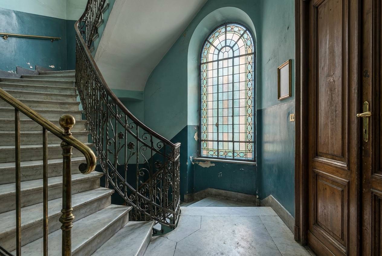 Immagine illustrativa: scala di primo Novecento con gradini in marmo e ringhiera in ferro, come nei palazzi di Città Studi.