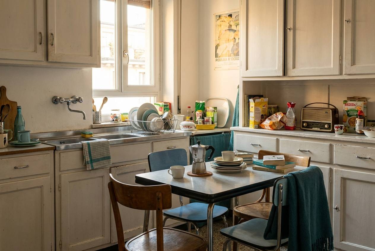 Immagine illustrativa: cucina di un appartamento condiviso da studenti in un condominio anni '50 di Città Studi.