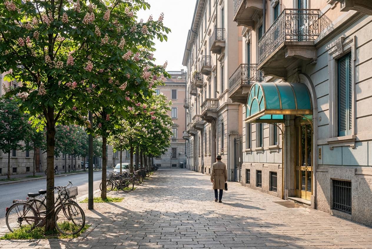 Immagine illustrativa: strada residenziale con palazzi signorili anni '30 tra De Angeli e Wagner in primavera.