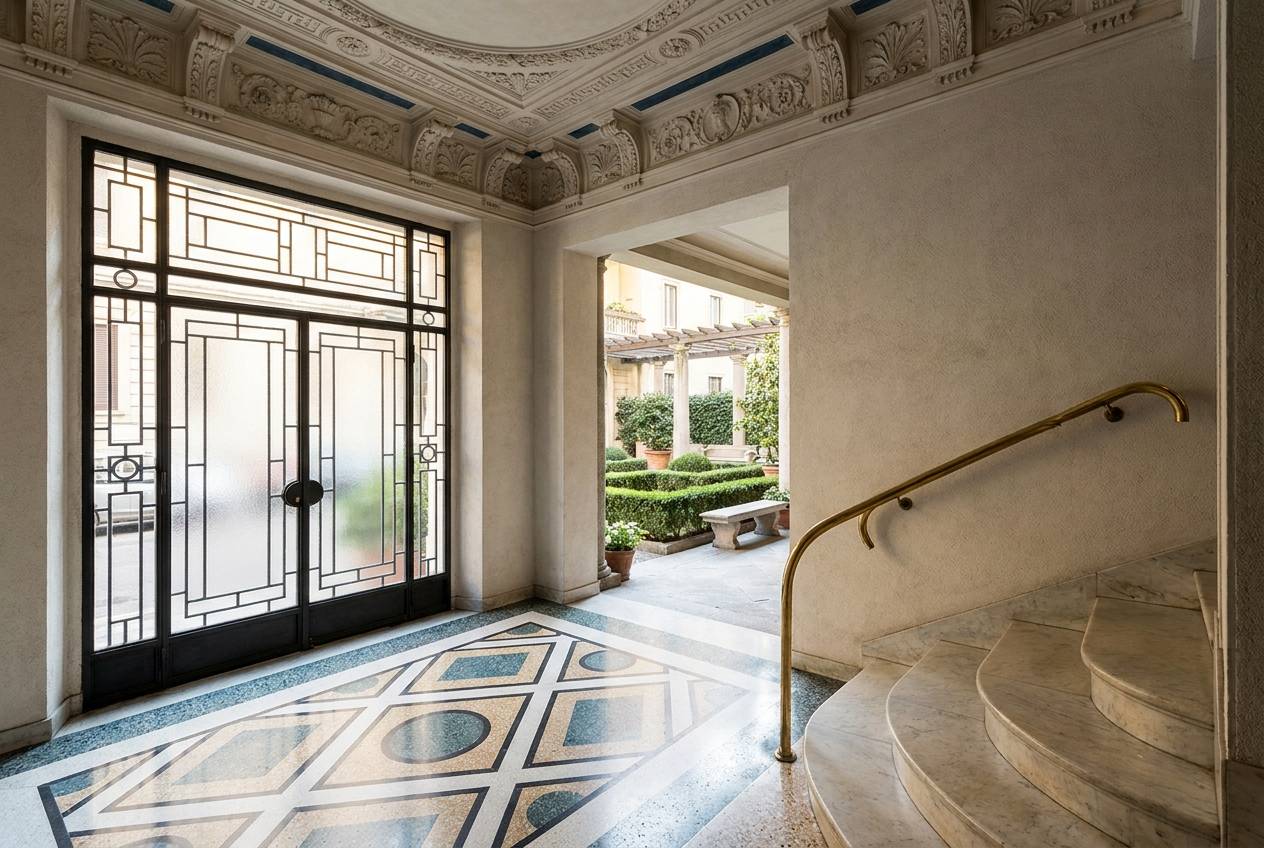 Immagine illustrativa: androne d'epoca con pavimento in marmo e porta in ferro battuto, come nei palazzi di zona De Angeli.