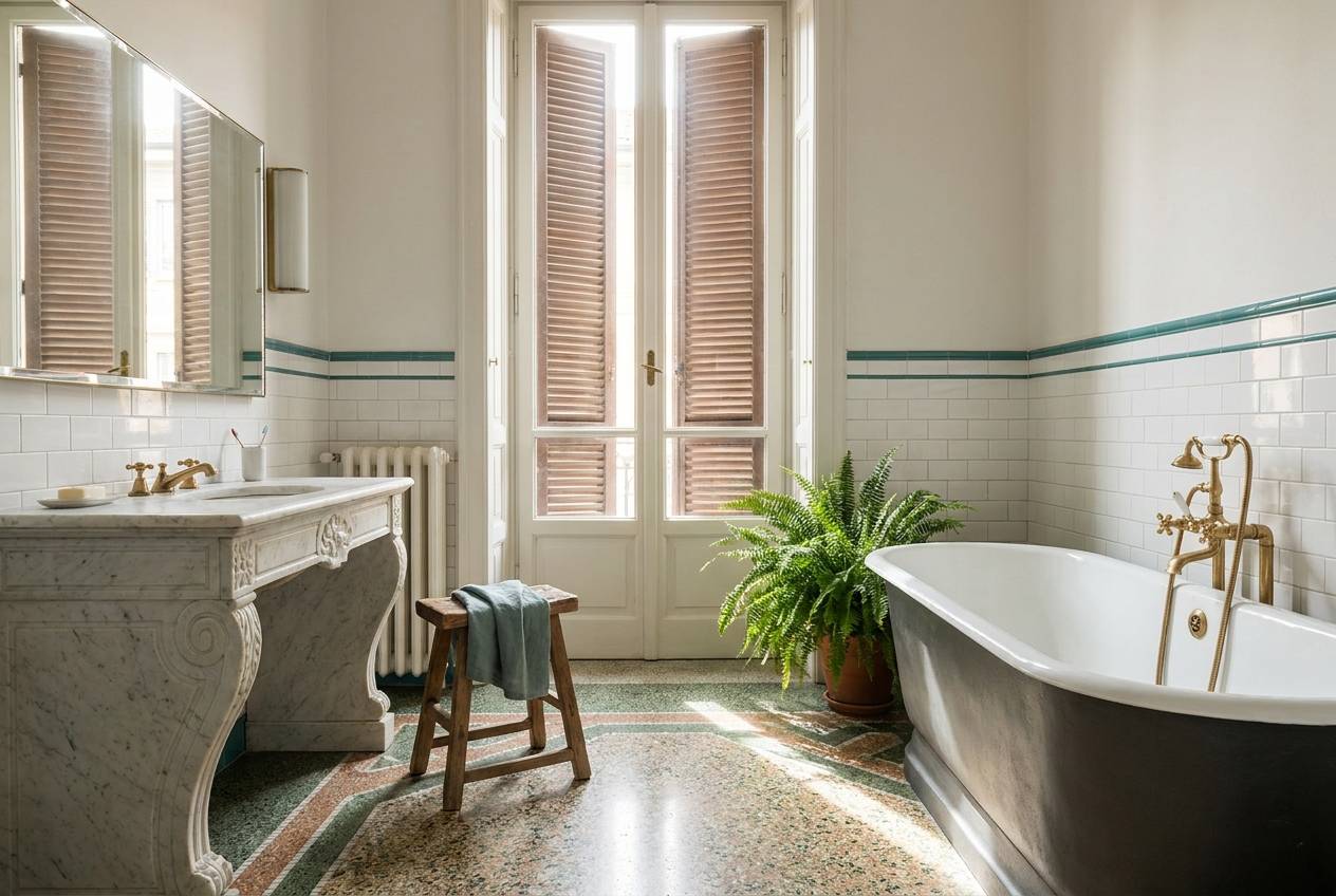 Immagine illustrativa: bagno d'epoca con vasca in ghisa e pavimento in graniglia in un appartamento di zona De Angeli.