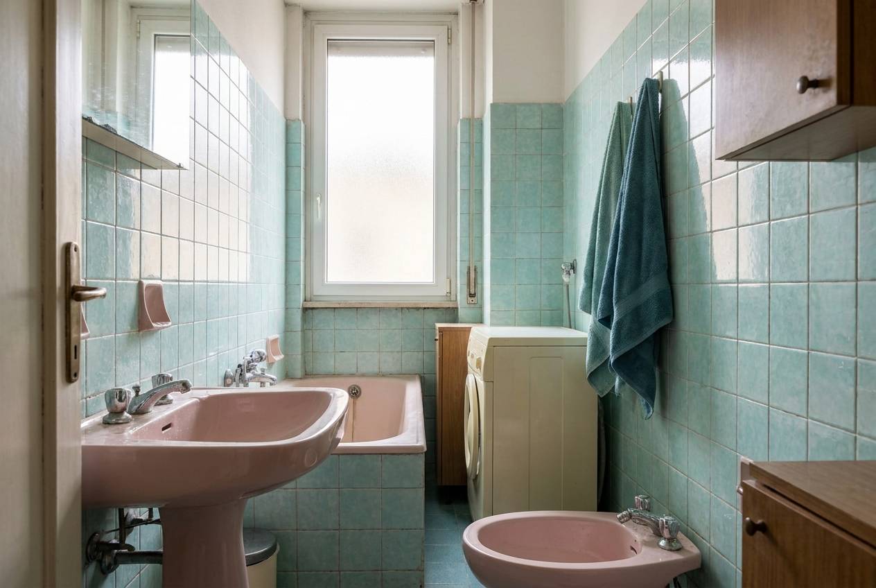 Immagine illustrativa: bagno anni '70 con piastrelle color acqua e sanitari d'epoca, tipico del Gallaratese.