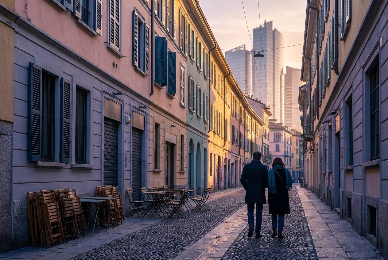 Immagine illustrativa: via di case di ringhiera ristrutturate all'Isola con torri moderne in vetro sullo sfondo.