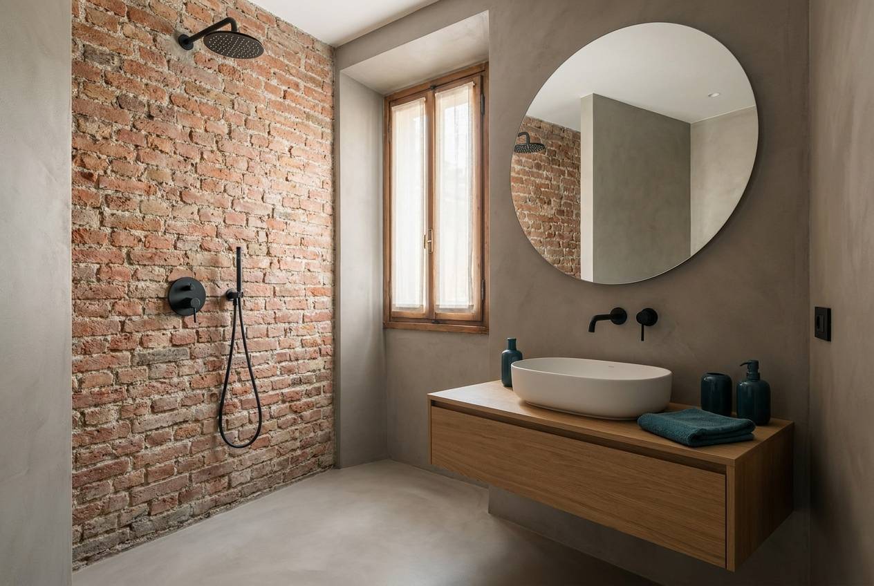 Immagine illustrativa: bagno ristrutturato con rubinetteria nera e mattoni a vista in un bilocale d'epoca all'Isola.