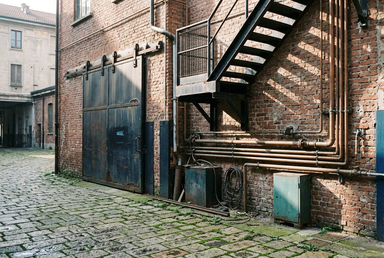 Immagine illustrativa: cortile ex industriale a Lambrate con tubazioni a vista su muro in mattoni e scala in acciaio.