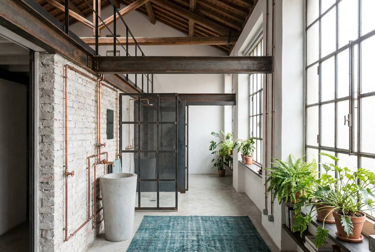 Immagine illustrativa: bagno di un loft ricavato da un'officina di Lambrate, con travi a vista e tubazioni in rame.