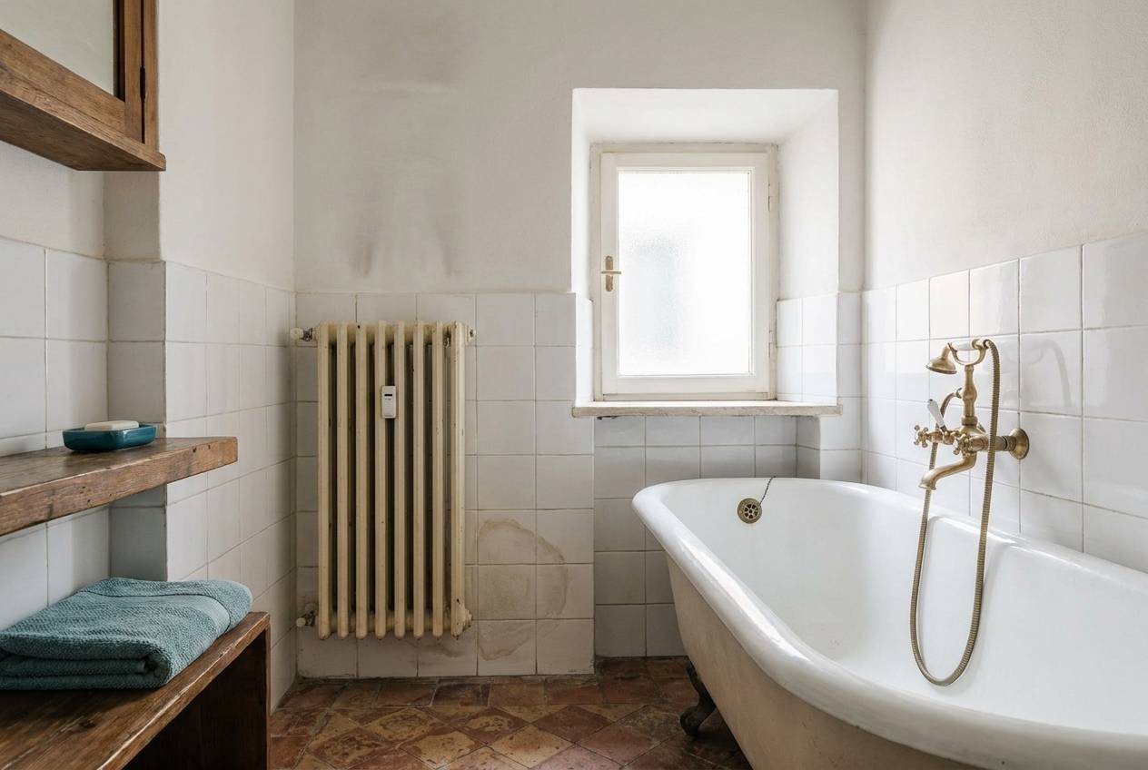 Immagine illustrativa: piccolo bagno in una casa di ringhiera dei Navigli, con piastrelle datate e segni di umidità.