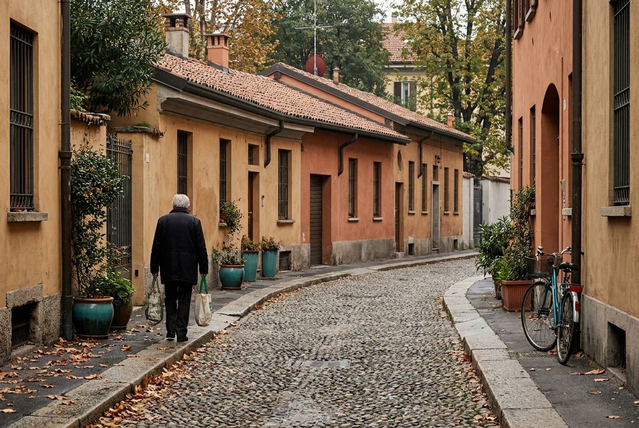 Immagine illustrativa: case basse del vecchio borgo di Niguarda lungo una via curva in un pomeriggio d'autunno.