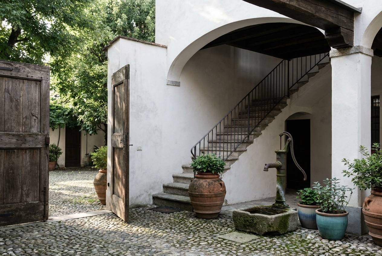 Immagine illustrativa: cortile d'epoca a Niguarda con portone in legno, scala in pietra e vecchia pompa dell'acqua in ghisa.