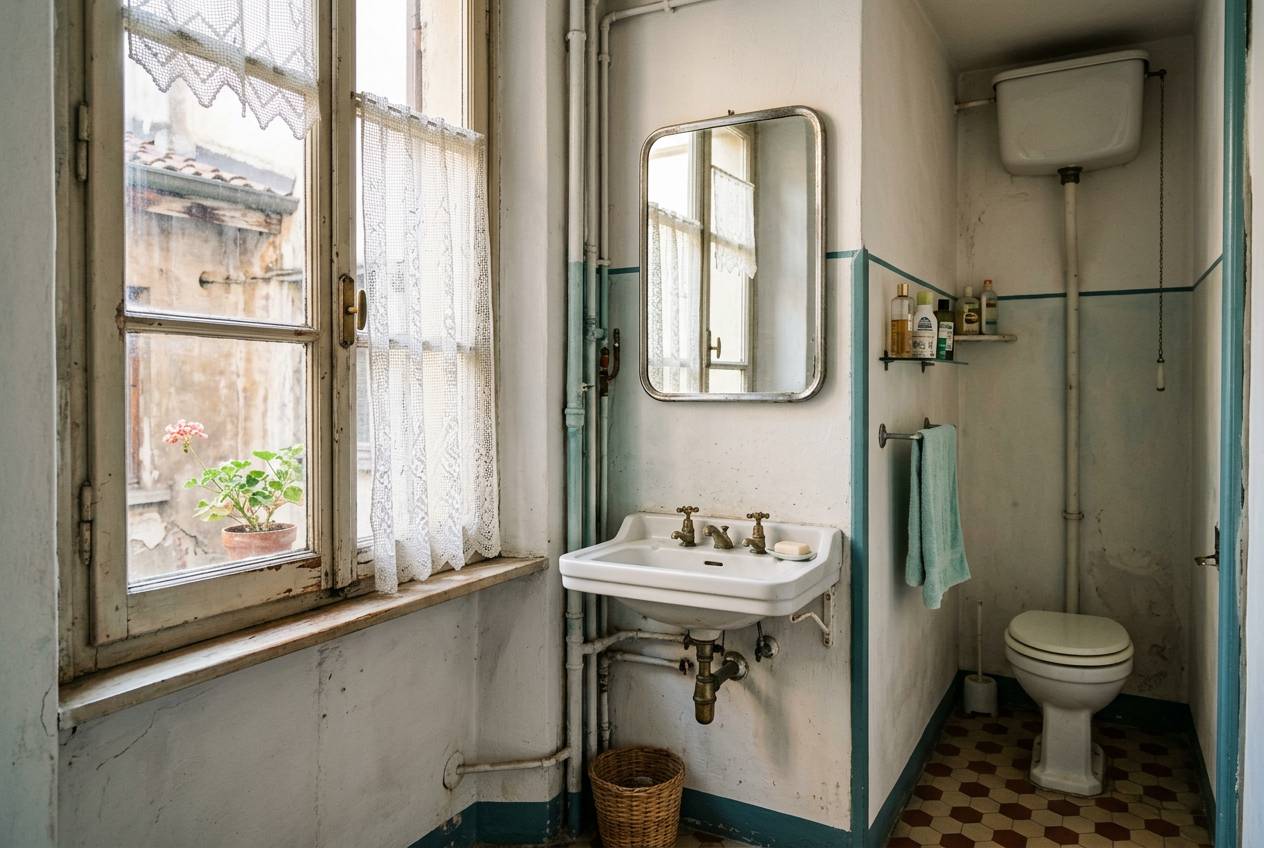 Immagine illustrativa: piccolo bagno d'epoca con tubazioni verniciate a vista in una casa bassa del borgo di Niguarda.