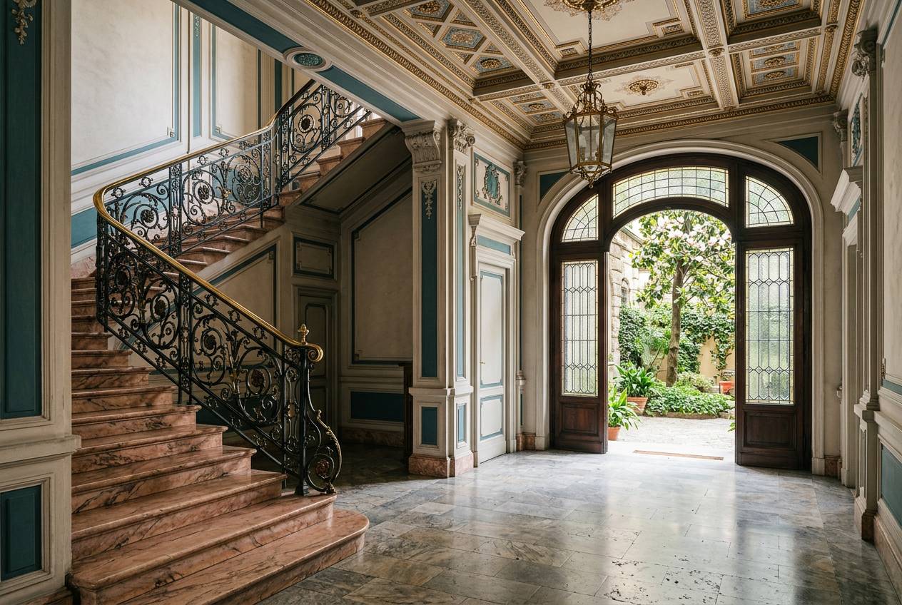 Immagine illustrativa: androne d'epoca con scala in marmo e balaustra in ferro e ottone, tipico dei palazzi di Porta Romana.
