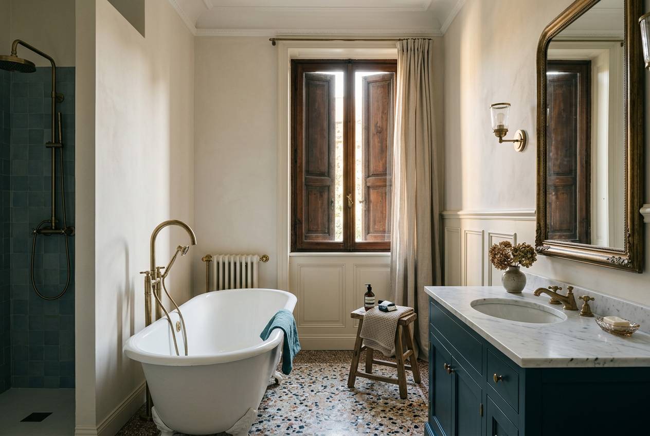 Immagine illustrativa: bagno di pregio con vasca freestanding e pavimento in graniglia in un appartamento di Porta Romana.