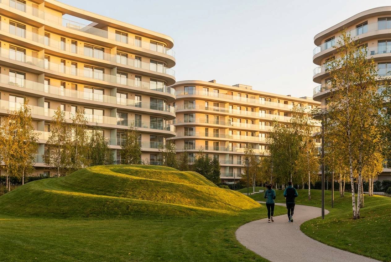 Immagine illustrativa: residenze contemporanee del Portello affacciate sul parco con la collinetta erbosa.