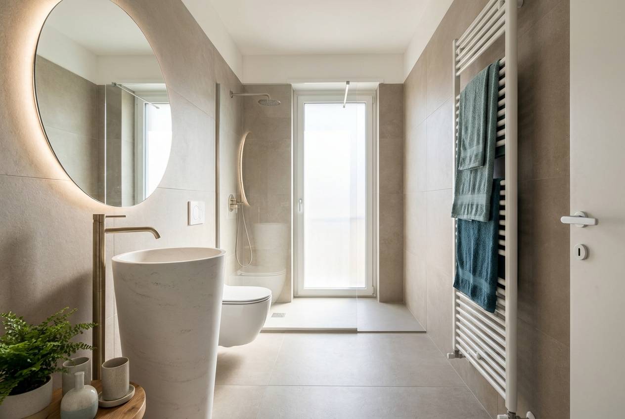 Immagine illustrativa: bagno contemporaneo con doccia walk-in e grandi lastre in gres, come nelle residenze del Portello.