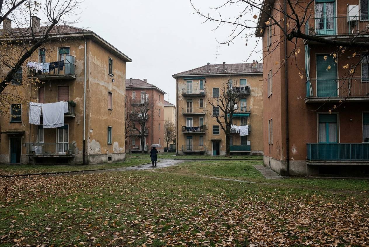 Immagine illustrativa: palazzine anni '50 di Quarto Oggiaro con cortili erbosi e panni stesi in una giornata autunnale.