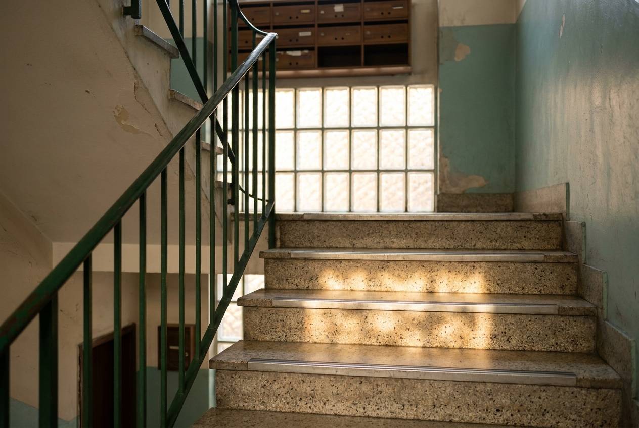 Immagine illustrativa: scala interna anni '50 con gradini in graniglia e parete in vetrocemento, tipica di Quarto Oggiaro.