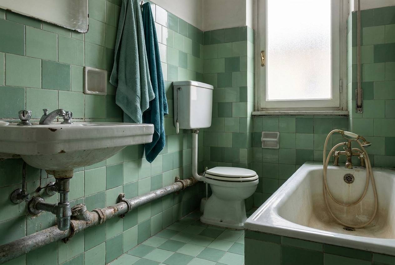 Immagine illustrativa: bagno datato anni '60 con tubazione in ferro zincato a vista, come in molte case di Quarto Oggiaro.