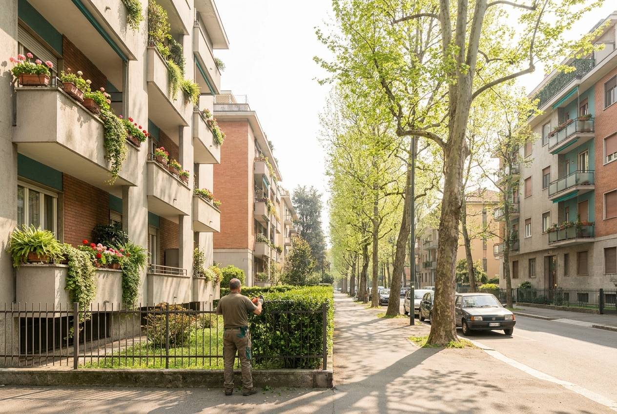 Immagine illustrativa: viale residenziale con condomini signorili anni '60 e giardini curati in zona San Siro.
