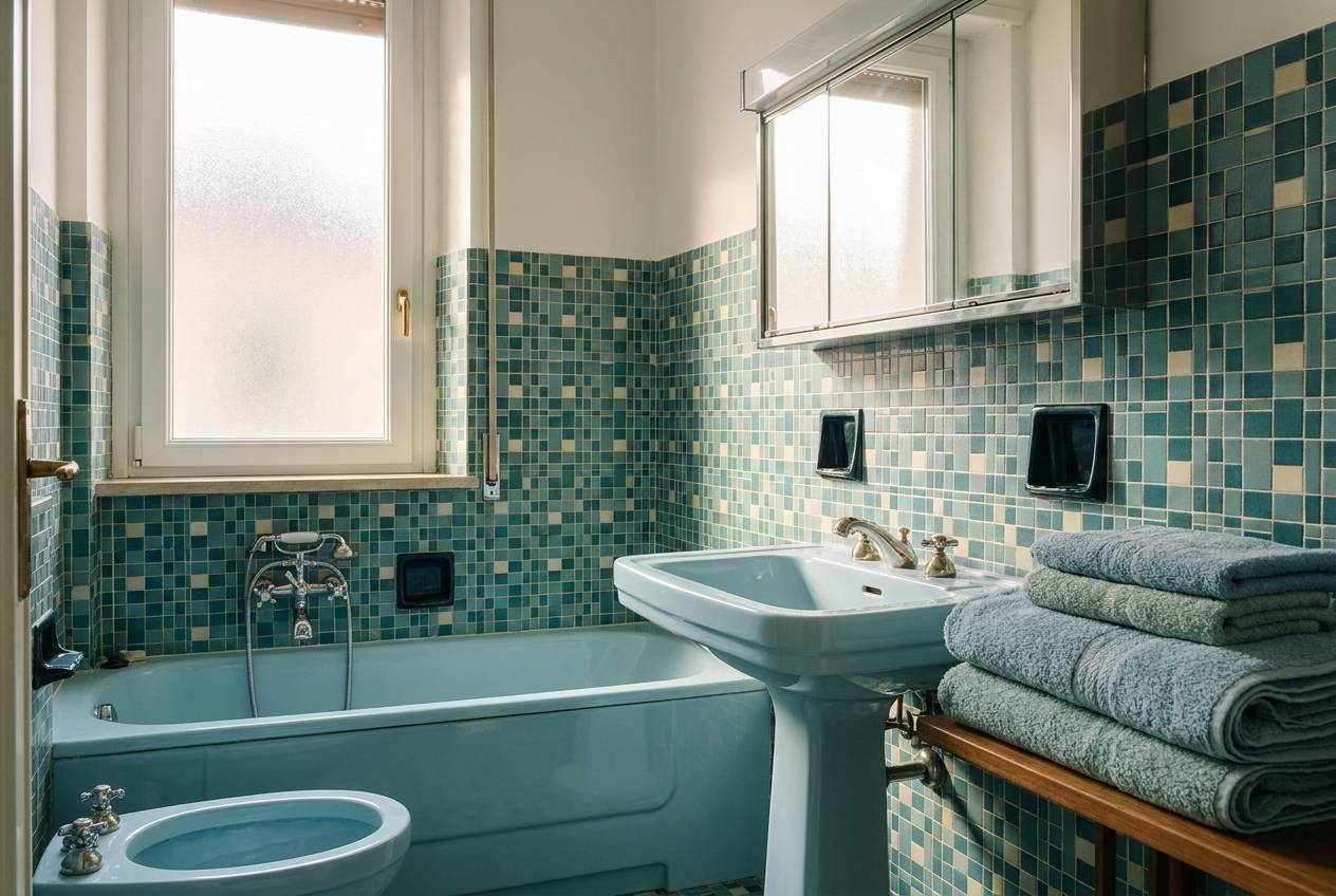 Immagine illustrativa: bagno anni '60 con sanitari azzurro pastello mai ristrutturato, tipico dei condomini di San Siro.
