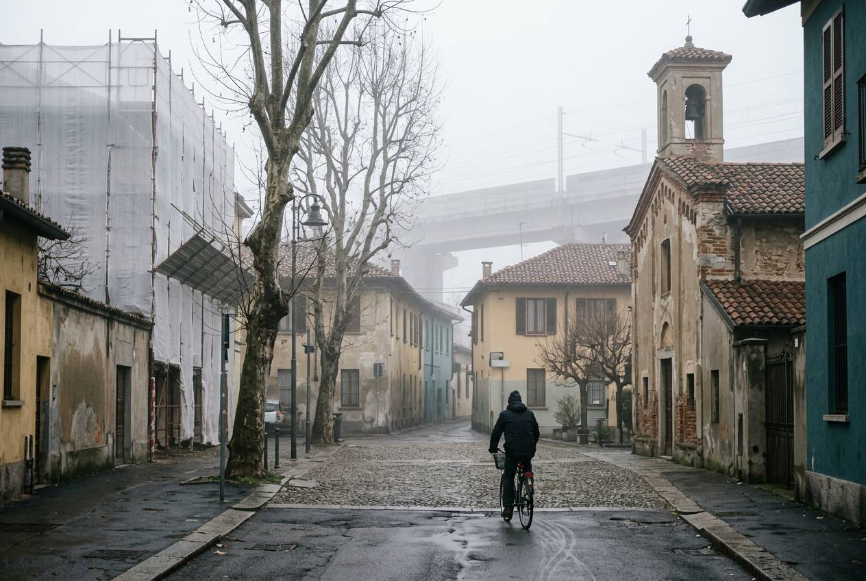 Immagine illustrativa: il vecchio borgo di Villapizzone con case basse e un ponteggio di ristrutturazione.