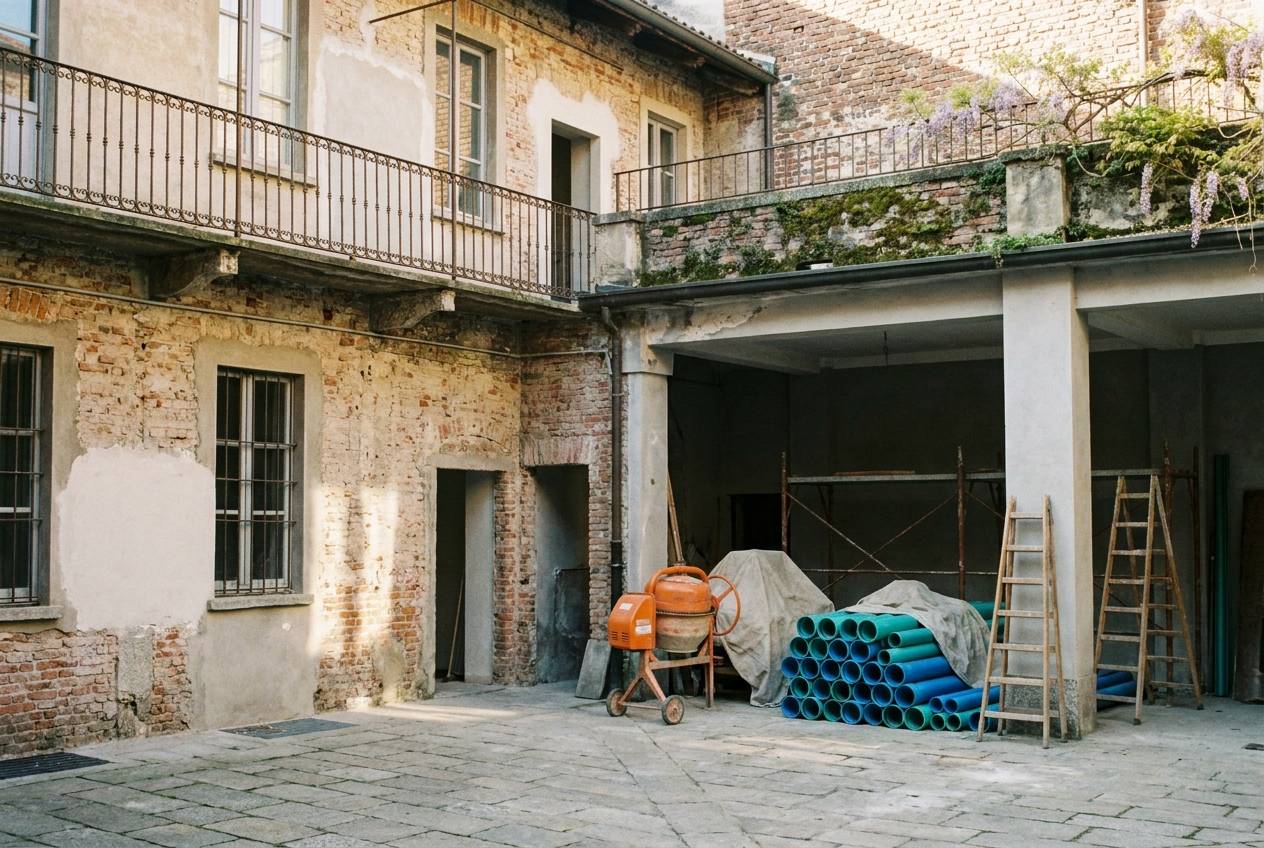 Immagine illustrativa: cortile di una corte di Villapizzone in ristrutturazione, con ballatoio, betoniera e tubi accatastati.