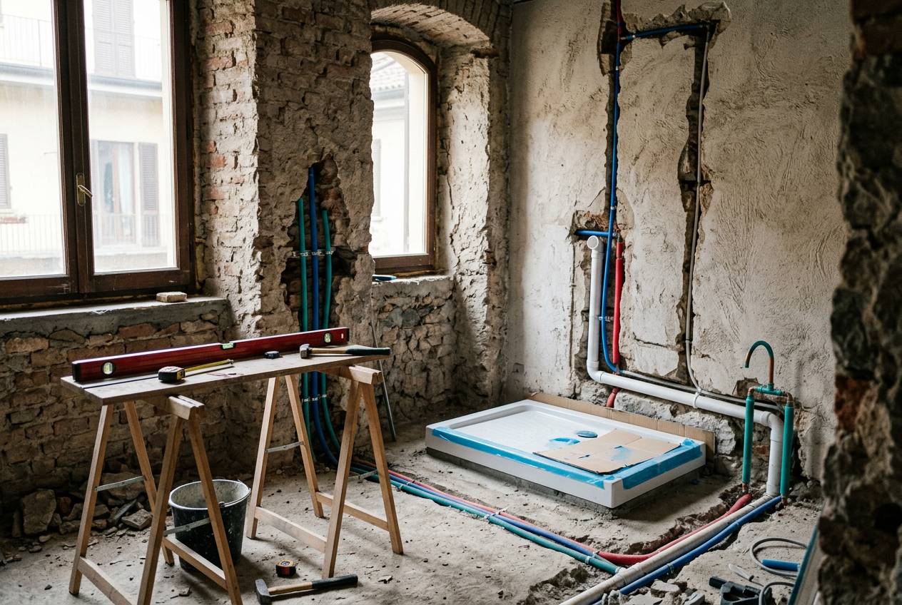 Immagine illustrativa: bagno in ristrutturazione con nuove tubazioni nelle tracce a muro, come nelle case di Villapizzone.