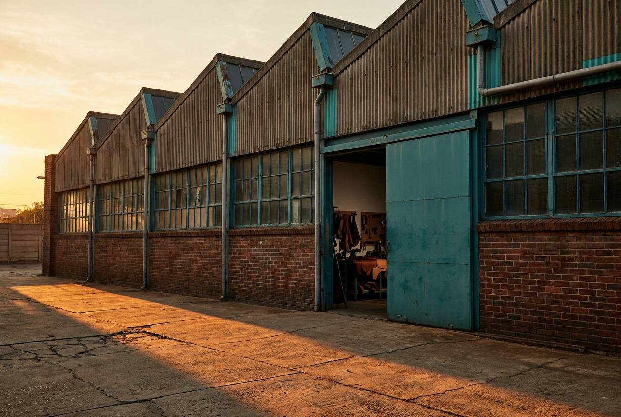 Immagine illustrativa: profilo a shed di un piccolo laboratorio artigiano del distretto calzaturiero, nella luce della sera.