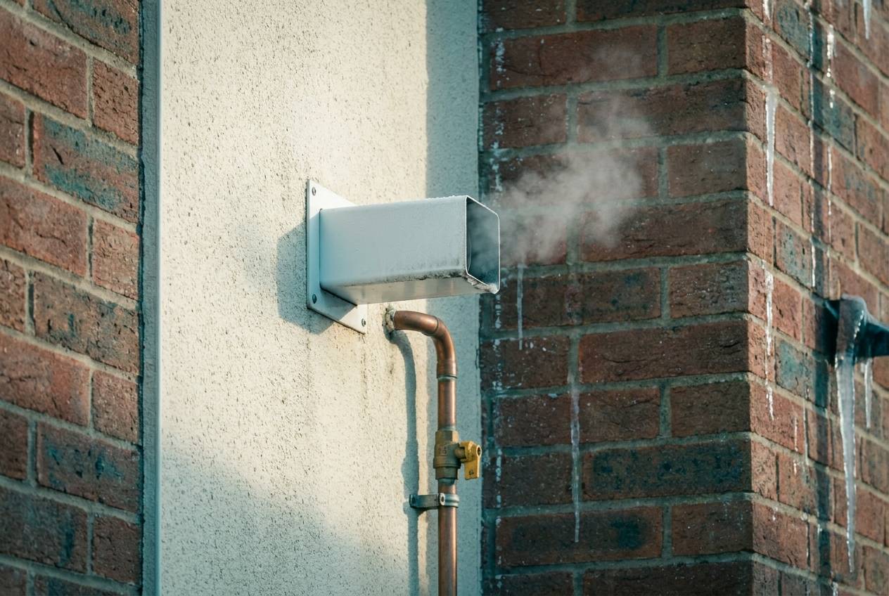 Immagine illustrativa: terminale di scarico di una caldaia a condensazione su una parete esterna, con linea gas in rame.