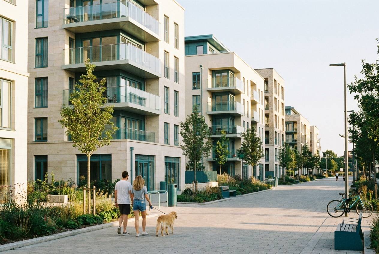 Immagine illustrativa: quartiere residenziale di nuova costruzione con palazzine moderne e alberi giovani.