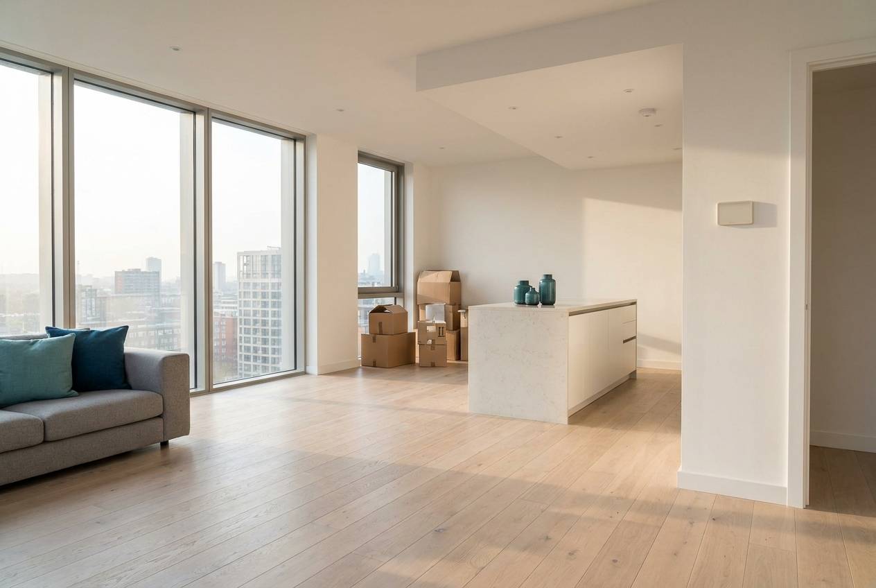 Immagine illustrativa: interno luminoso di un appartamento nuovo con ampie vetrate e pavimento in rovere chiaro.