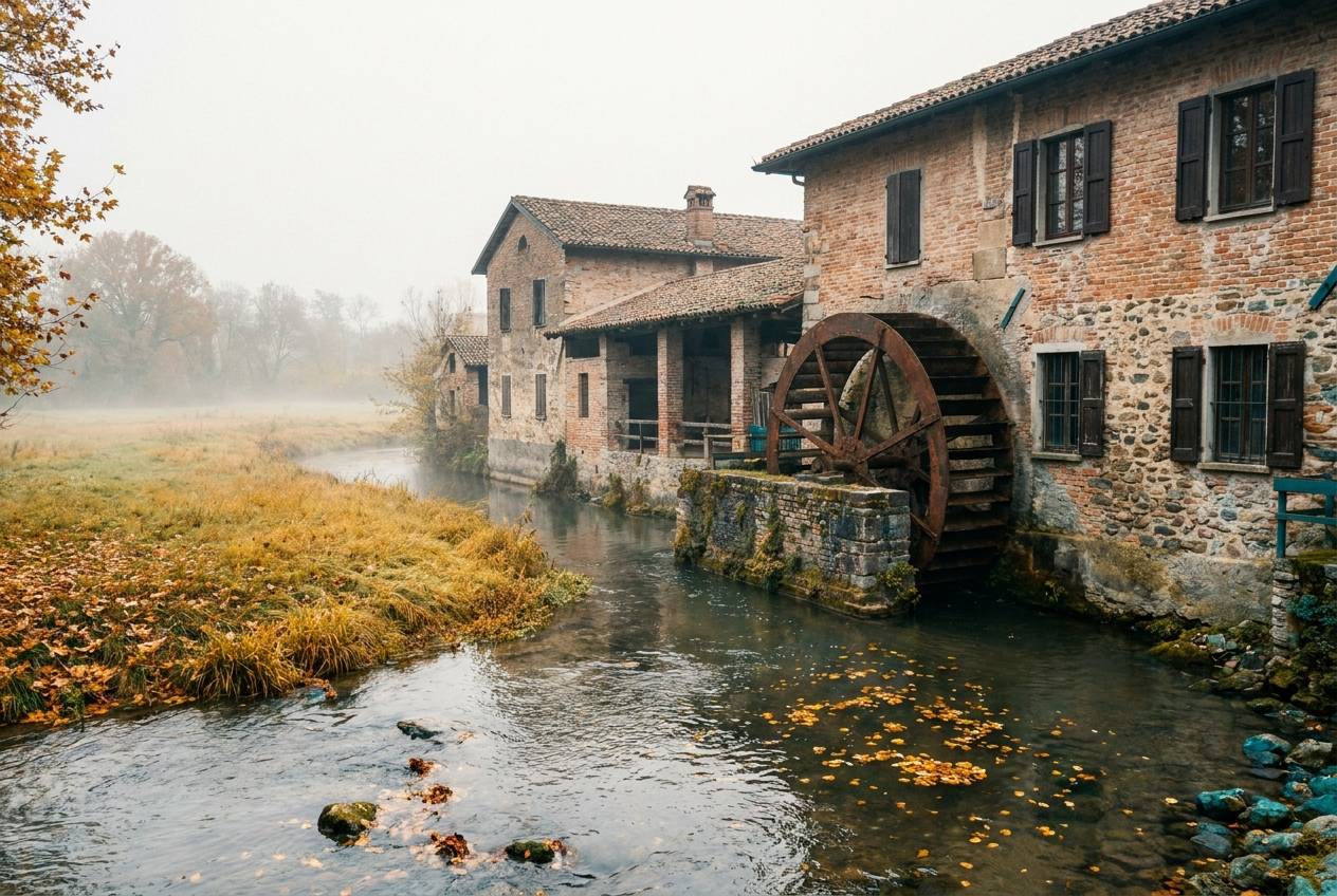 Immagine illustrativa: antico mulino ad acqua lungo il fiume Olona in autunno, con ruota in ferro e prati nella foschia.