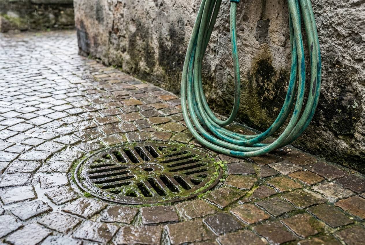Immagine illustrativa: griglia di scolo in ghisa tra i ciottoli di un cortile dopo la pioggia, con muschio e muro in pietra.