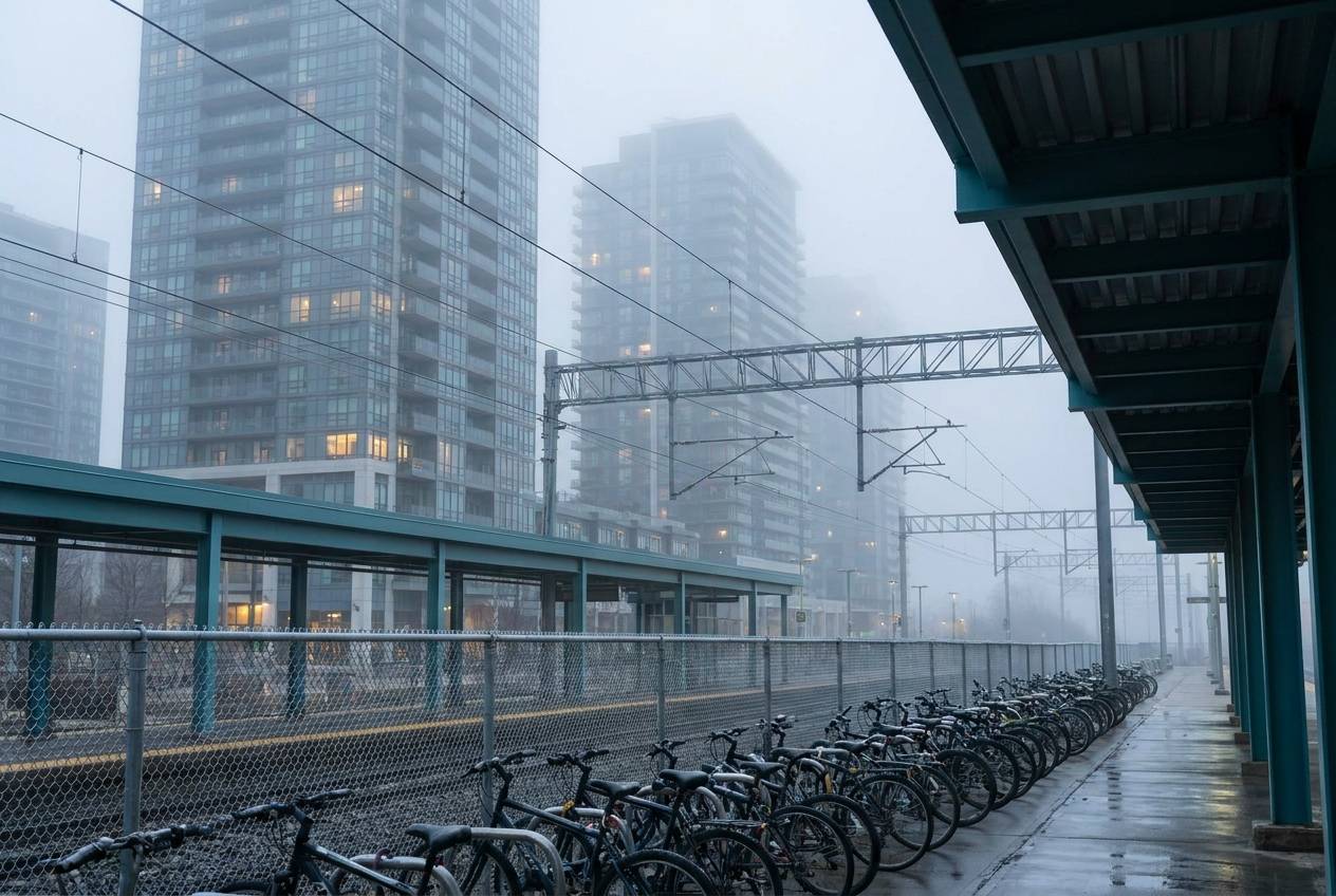 Immagine illustrativa: condomini attorno a un nodo ferroviario, con biciclette dei pendolari in primo piano.