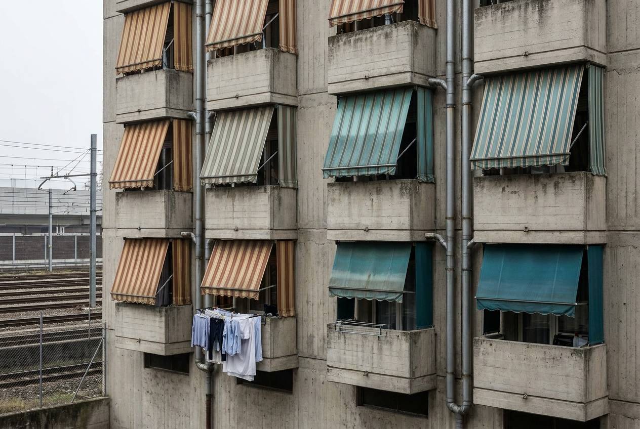 Immagine illustrativa: dettaglio geometrico di una facciata condominiale anni '60 con balconi ripetuti.
