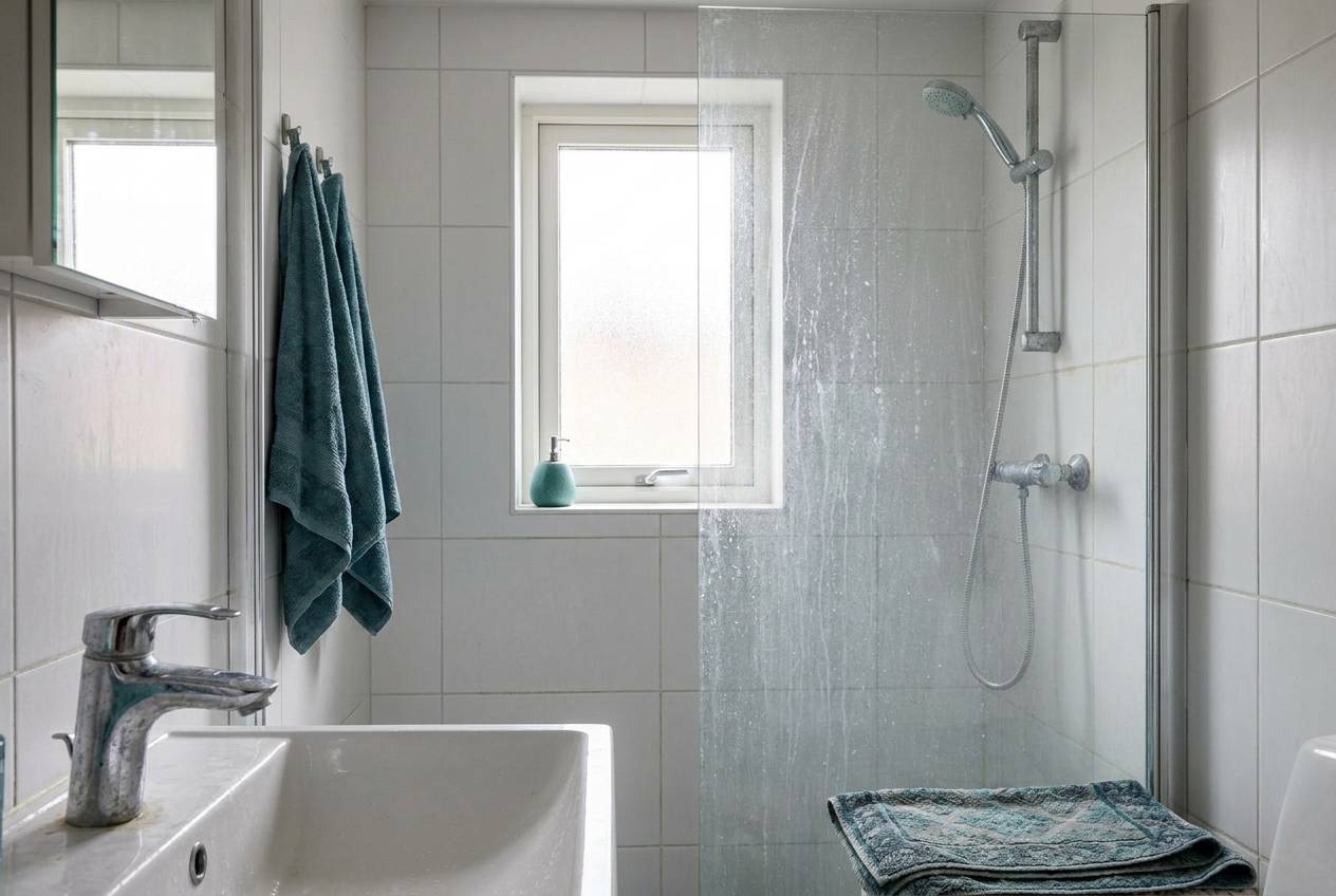 Immagine illustrativa: bagno con rubinetteria cromata opacizzata dal calcare e aloni sul vetro della doccia.