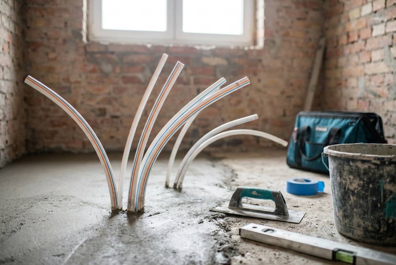 Immagine illustrativa: tubi multistrato bianchi che escono dal massetto di un bagno in ristrutturazione