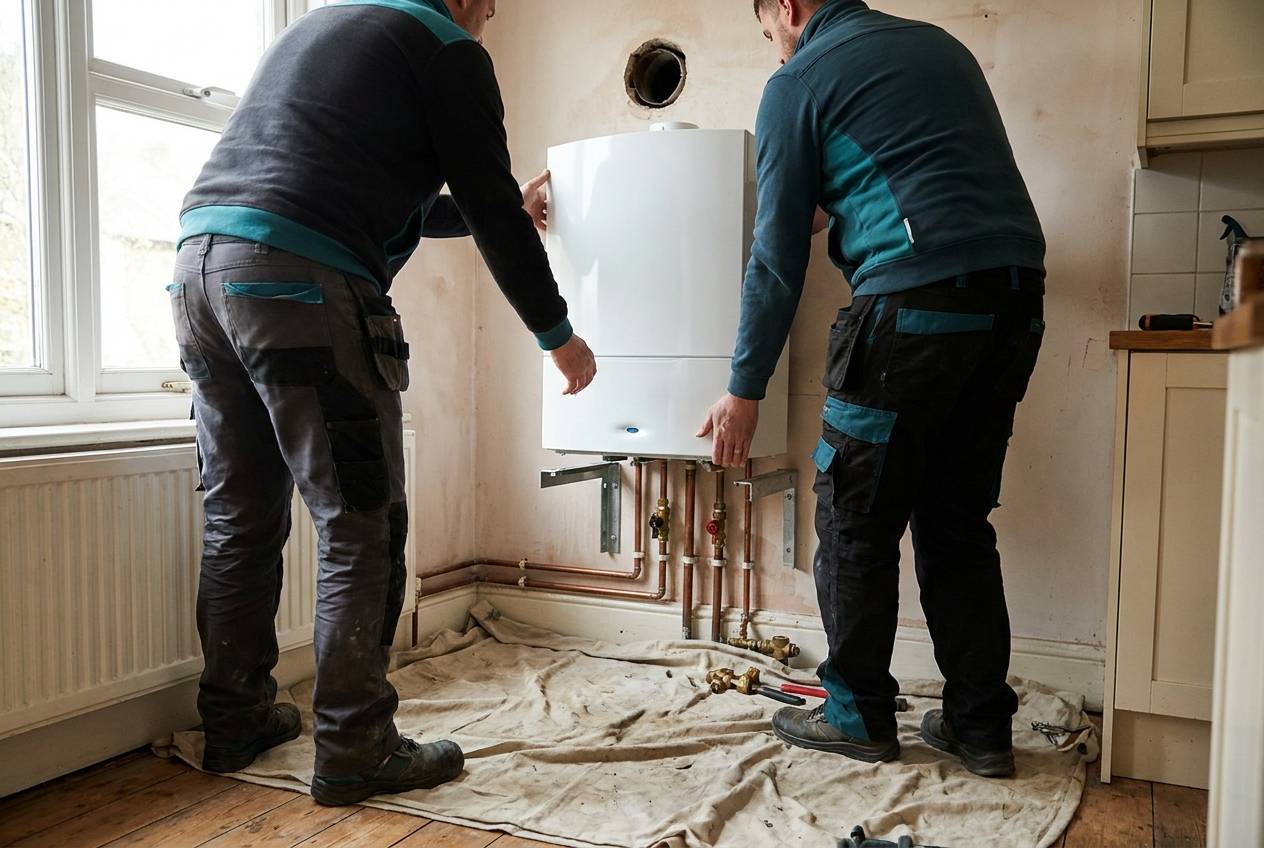 Immagine illustrativa: due figure di spalle sollevano una caldaia a condensazione nuova verso la staffa a muro.