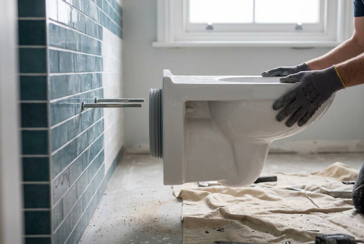 Immagine illustrativa: mani accompagnano un WC sospeso in ceramica sulle barre filettate a muro durante il montaggio.
