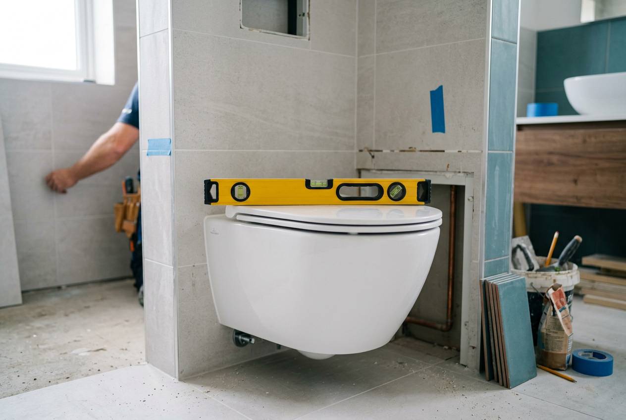 Immagine illustrativa: livella appoggiata su un WC sospeso bianco appena installato