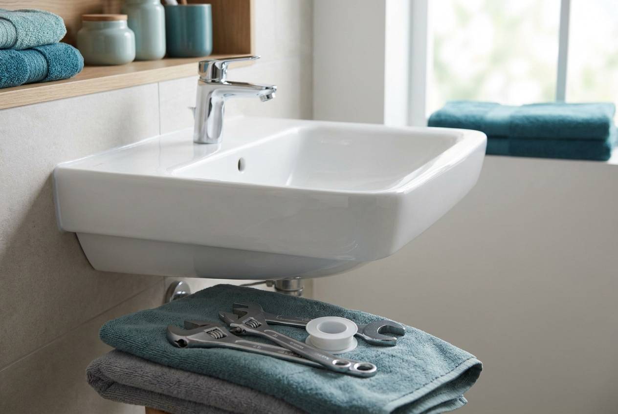 Immagine illustrativa: lavabo sospeso appena installato con attrezzi ordinati su un panno