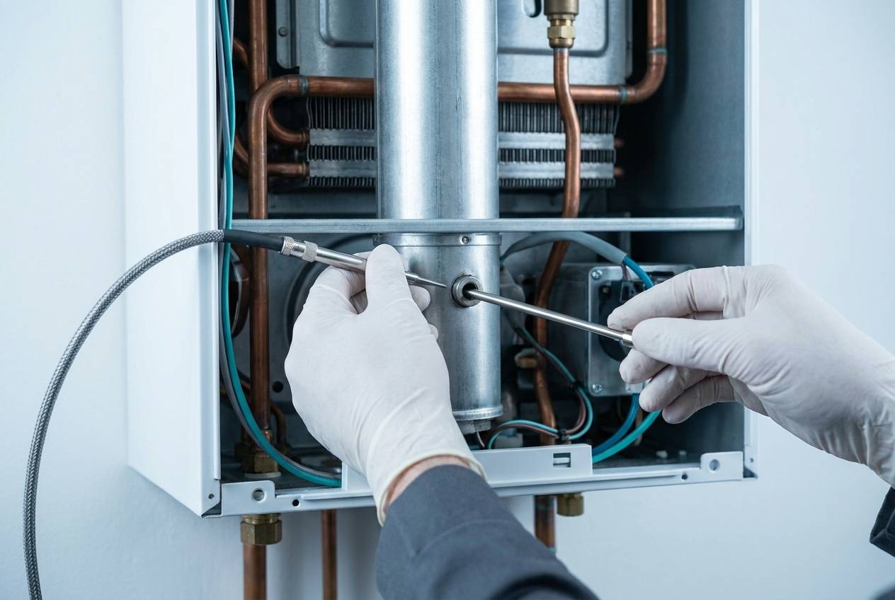 Immagine illustrativa: mani inseriscono la sonda di un analizzatore di combustione nella presa fumi di una caldaia.