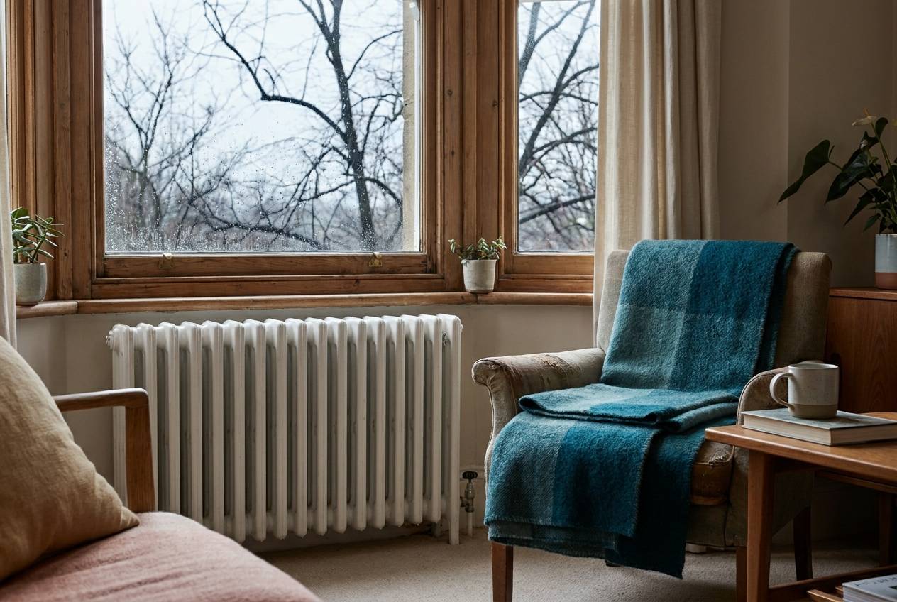 Immagine illustrativa: termosifone acceso sotto una finestra in inverno, in un soggiorno con poltrona e coperta di lana.
